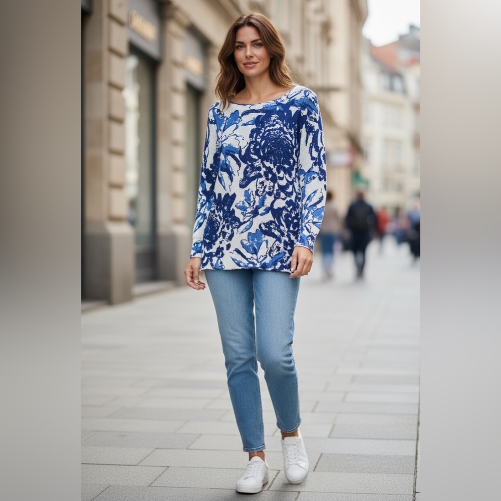 Soft Surroundings Blue and White Floral Scoop Neck Sweater